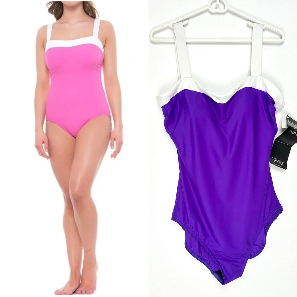 NWT Miraclesuit Spectra Colorblock‎ Slimming One Piece Swimsuit Purple White 16